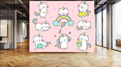 Cat unicorn. Kawaii cats, fun unicorns kitty characters. Pastel cute animals with rainbow and drinks, dreaming caticorn pet baby nowaday vector stickers Wall mural