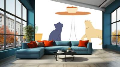 Cats sleep and sitting on chair, waiting food. Different vector cats characters. Cute flat pets, chairs and home plants. Animal cartoon elements Wall mural