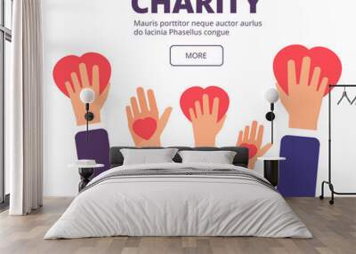 Charity and donation concept. Volunteer hands holding red hearts. Generosity, healthcare and humanitarian help vector poster. Volunteer and charity, help and giving illustration Wall mural