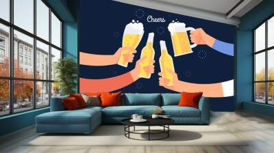 Cheering hands. Cheerful people clinking beer bottle and glasses. Happy drinking holiday vector background. Illustration of alcohol beverage bottle beer, cheers party in pub Wall mural