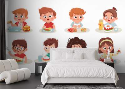 Children having breakfast cartoon vector set. Boys girls sandwich hamburger yogurt soup eating big eyes smile drinks school lunch positive preschoolers little snacking characters illustration isolated Wall mural