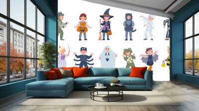 Children in halloween costumes. Funny little kids wear festival costume. Scary carnival clothes for child, cute toddlers kicky vector characters Wall mural