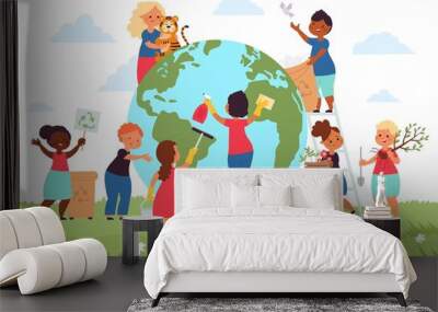 Children save planet. Globalization, globe earth environment protect. Kids eco hero, organic lifestyle and saving plants and animals, decent vector concept Wall mural