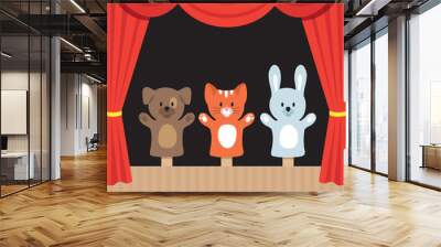 Childrens puppet theater scene with cute animals and red curtain. Cartoon vector illustration Wall mural