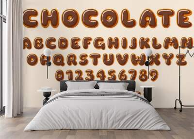 Chocolate ABC. Bakery letters, alphabet letter and number glazed choco. Decorative elements for baby, recipe, birthday cards, sale banners, vector design Wall mural