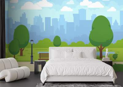 City summer park with green trees bench, walkway and lantern. Cartoon vector illustration Wall mural