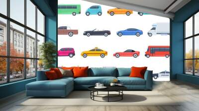 City transport set. Police car ambulance fire engine bus taxi cabriolet suv pickup vector flat isolated urban transportation. Car taxi and police, road vehicle illustration Wall mural