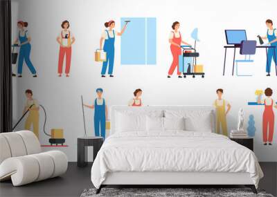 Cleaner persons. Cleaning service workers male female cleaners in uniform vacuuming housemaids household equipment vector characters. Illustration of clean staff with mop and tools, character cleaner Wall mural