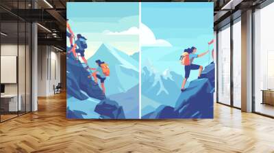 Climbers cartoon vector concepts. Men woman each other helping partners colleagues unity together overcoming goal target employees characters, team working illustrations Wall mural