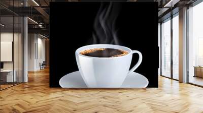 Coffee cup 3d isolated with hot white smoke front view object, espresso ceramic mug on black background Wall mural