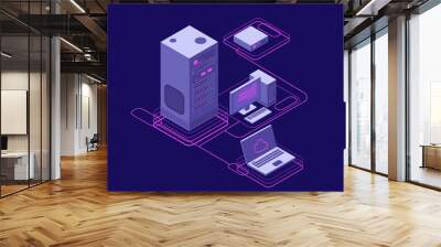 Computer synchronization, data network management. Isometric devices, networking servers. Cloud storage technology vector concept Wall mural