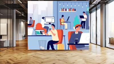 Coworking space. Smart corporate company. Meeting smiling creative people. Freelance coworkers, young businessman team vector illustration. Business people company, office coworking, freelance Wall mural