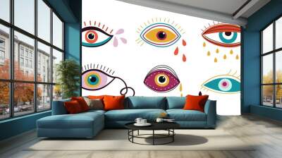 crying eyes. abstract eye, drops colorful falling down. contemporary trendy doodle elements, sad emo Wall mural