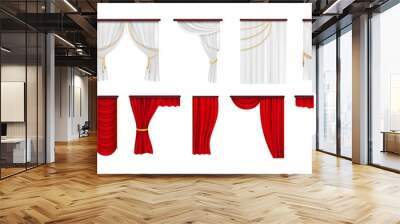 Curtains set. Red white curtain, isolated textile theater drape collection. Hanging fabric with golden ropes, show cinema, anniversary entertainment advertising vector elements Wall mural