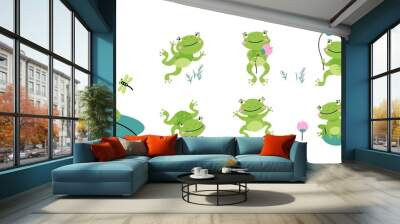 Cute green frogs. Croaking frog on nature, cartoon toad with lotus and leaves. Kids tropical amphibian, isolated jumping relaxing quirky nowaday vector animal Wall mural