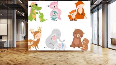 Cute mother and baby animals together. Mommy elephants, koala and bear. Funny cubs hug mothers, cartoon wild animal parents nowaday vector fauna characters Wall mural