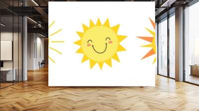 Cute suns. Sunshine emoji, cute smiling faces. Summer sunlight emoticons and morning sunny weather. Isolated funny smileys vector icons. Sunshine and sunny emoji, yellow face emoticon illustration Wall mural