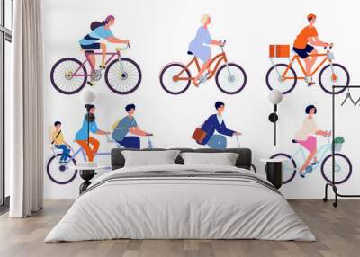 Cyclists characters. Fun active woman, cyclist ride bicycle outdoor. Fun leisure, isolated happy girl rider and person bike utter vector set. Bike sport exercise, lifestyle ride activity illustration Wall mural