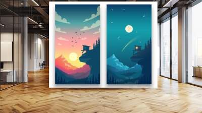 day and night flat vector mountain landscape with moon, sun and clouds in sky. vector concept for we Wall mural