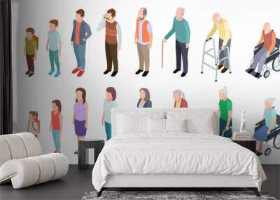 Different generations. Isometric people adult female male characters kids girl boy old man woman human age evolution stages vector set. Illustration of human process aging Wall mural