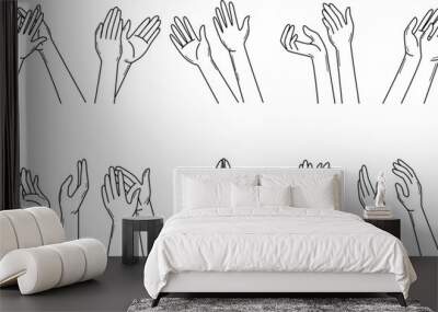 Doodle hands applause. Thumbs-up and clapping hand, sketch man woman cheering arms. Helping and charity, congratulation and celebrate neoteric vector set Wall mural