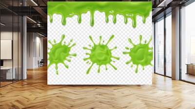 Dripping slime. Green dirt splat, goo dripping splodges of slime. Halloween ooze, mucus isolated vector set. Illustration of splatter and dribble, spot and drop, slime and blob Wall mural