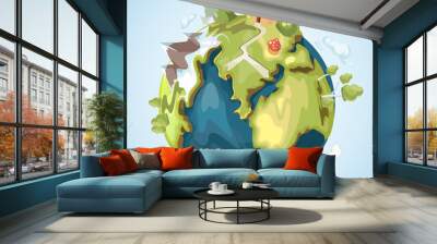 Earth planet with buildings, trees, mountains and nature elements vector illustration in cartoon style Wall mural