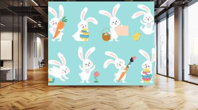 Easter bunny. Modern egg, bunnies for kids standing with placard. Rabbit or hare, spring festive animal with flower and chick. Cartoon holiday decent vector character Wall mural