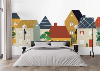 European city street pattern. Restaurant cafe district, house facade banner. Flat neighborhood, cute tiny buildings and plants, home or shop front view illustration. Old town vector building city Wall mural