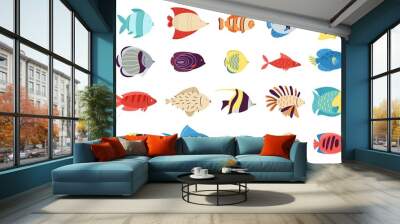 Exotic fish set. Creatures colourful, fishes sea or tropical ocean life. Underwater and aquarium cute animal and goldfish. Isolated decent water vector characters Wall mural