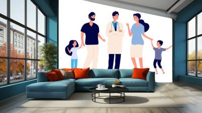 Family doctor. Big healthy family with therapist. Parents kids patients and physician. Healthcare and dental service vector concept. Illustration of doctor and therapist give advice family Wall mural