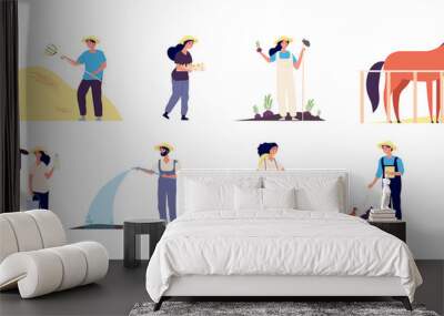 Farmer people. Agricultural workers plant and harvest vegetables, water garden and feed farm animals vector isolated flat characters on white background Wall mural