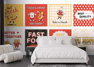 Fast food retro posters. Cute drinks characters, funny groovy burger, hot dog and potato fries. Cafe or restaurant delivery, snugly vector cards design Wall mural