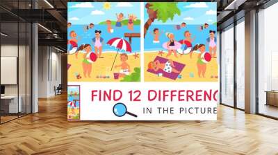 Find difference. 12 differences in picture with happy kids on beach. Paper game location for attention training, summer children puzzle, decent vector scene Wall mural