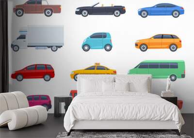 Flat cars set. Taxi and minivan, cabriolet and pickup. Bus and suv, truck. Urban, city cars and vehicles transport vector flat icons. Cabriolet and truck, car and bus, automobile pickup illustration Wall mural