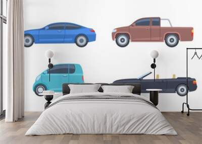 Flat cars. View side automobiles model. Contemporary suv and hatchback, pickup and sedan. Isolated vector icons. Automobile side car, transportation comfortable cabriolet or coupe model illustration Wall mural