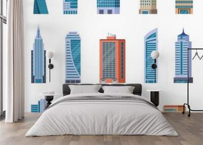 Flat skyscrapers. Exterior of modern city buildings. Residential and business office houses. Downtown facades. Isolated vector set. Illustration building office, urban residential skyscraper Wall mural