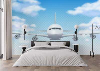 Flight plane. Realistic 3D airplane flying in blue sky. White cargo aircraft or commercial airliner and clouds vector background. Illustration plane flight in air, aircraft and airplane travel Wall mural