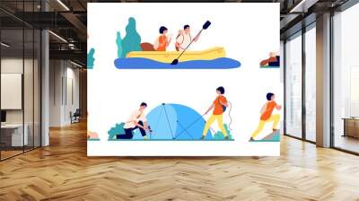 Friends travel adventures. Hiking tourist, man boating on river travelling. Adults journey camping, peak mountain utter vector set. Illustration man and woman tourism activity, adventure camping Wall mural