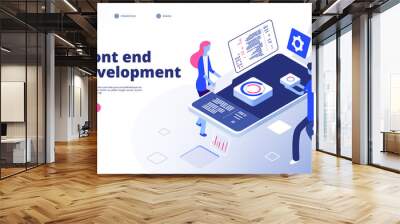 Front end development. Programmer develop computer website interface front-end graphics engineering programming landing vector page. Illustration of front-end development isometric programmer Wall mural