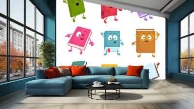 Funny and cute cartoon book vector characters. Happy library books mascots set Wall mural