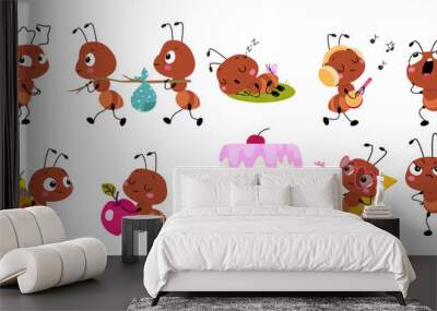 Funny ant. Isolated little ants different emotions. Cute insects working and resting, sleeping and moving. Childish cartoon mascots, nowaday vector set Wall mural