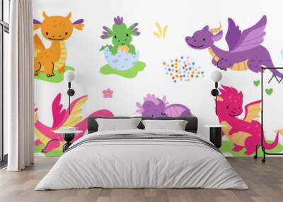 Funny dragons children characters. Dragon isolated, cute mythological fire breathing animals. Newborn dino and adult dinosaurs, nowaday vector set Wall mural