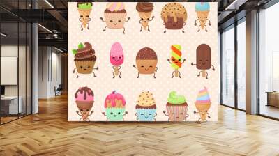 Funny vector cupcake and ice cream dessert characters Wall mural