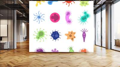 Germs set. Flu virus toxin cells microbes amoeba epidemiology bacteria disease germ flu cell microbiology isolated vector set. Amoeba and flu, cell and illness, disease bacterium illustration Wall mural