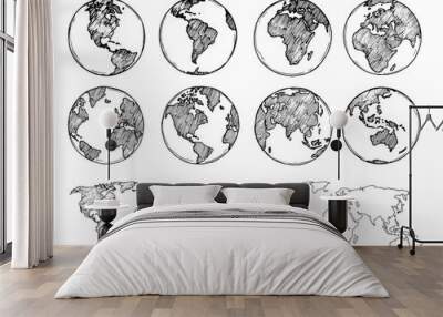 Globe sketch. Hand drawn earth planet with continents and oceans. Doodle world map vector illustration. Planet and world sketch map with ocean and land Wall mural