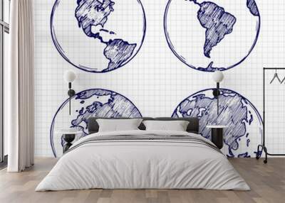 Globe sketch. Hand drawn earth planet with continents vector illustration isolated on white background Wall mural