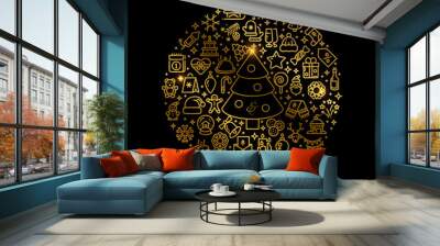 Gold Christmas line art icons arranged in ball vector illustration. Winter holiday gold emblem in round form isolated on black Wall mural