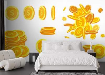 Gold dollars coins. Isolated coin golden, flying money. Metal cash stacks, financial banking, investment or game vector payments collection Wall mural