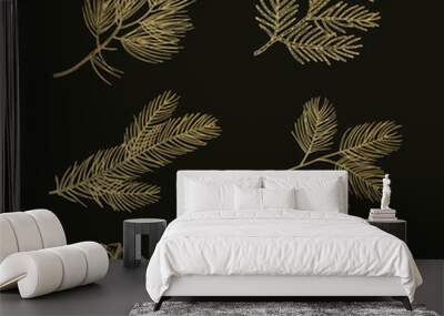 Gold fir branches and cones doodle vector set. Illustration pine cone and tree christmas twig Wall mural